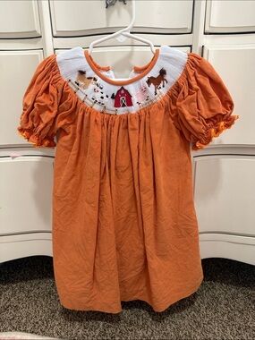 Smocked Orange Farm Animal Puff-Sleeve Kids Dress
